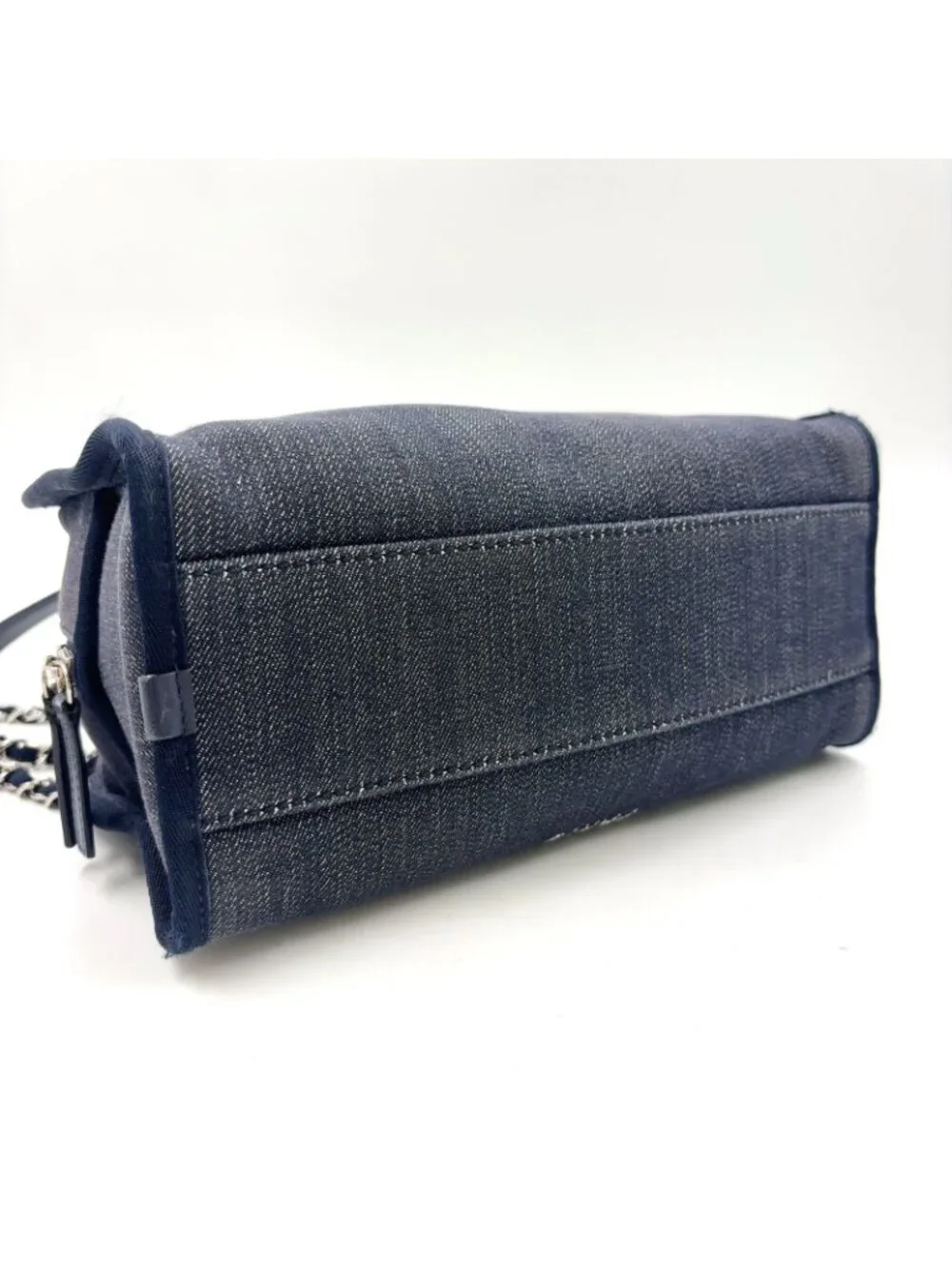 Chanel Deauville Line Bowling 2-Way Leather Denim Navy Blue Handbag Silver